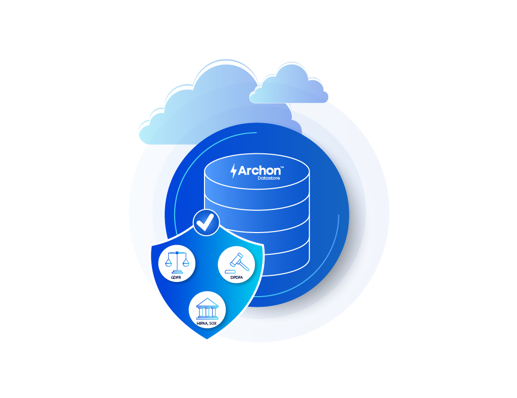 Blue data store icon with a shield showing GDPR, DPPA, and HIPAA symbols and a cloud in the background.