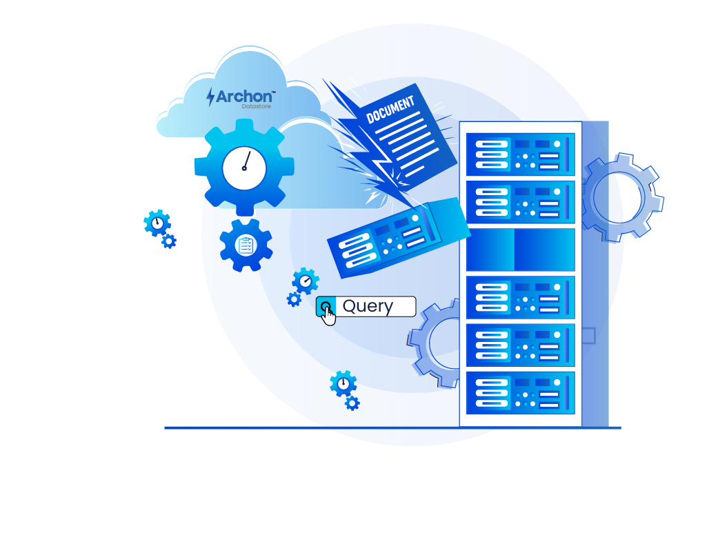 Blue illustrated data center with servers, gears, and a search box labeled 'Query' under a cloud marked Archon Datastore.