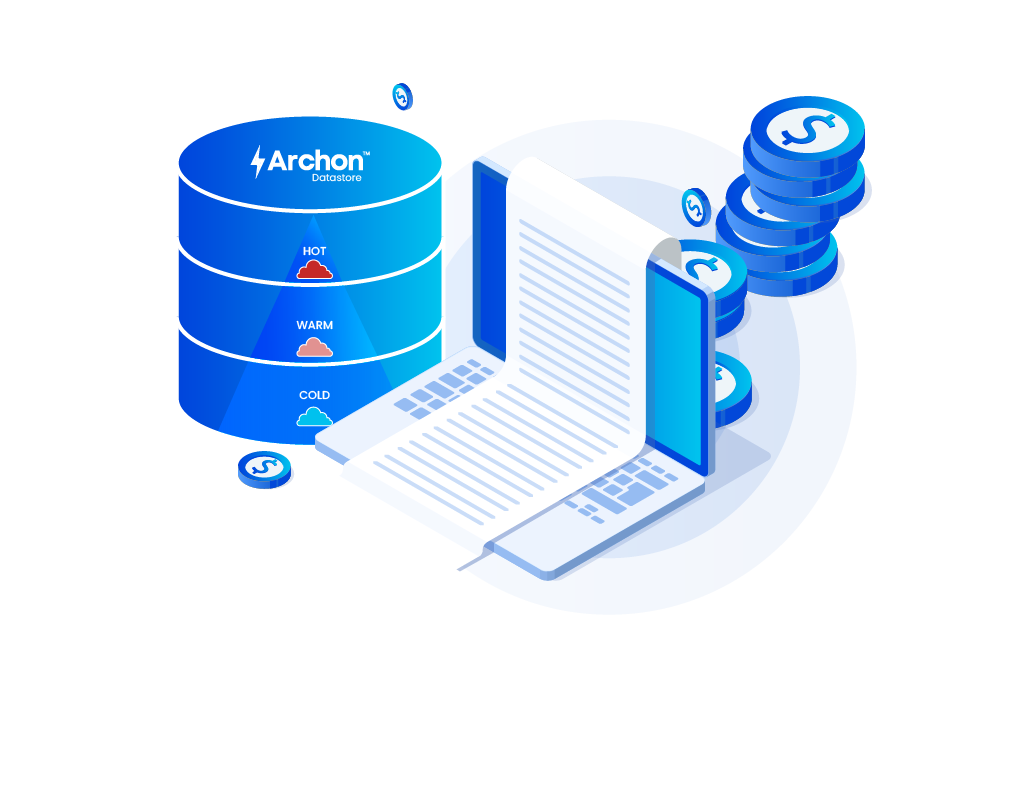 Blue database barrel labeled Archon Datastore beside a laptop with a long document and stacked disks, representing data storage and cloud services.