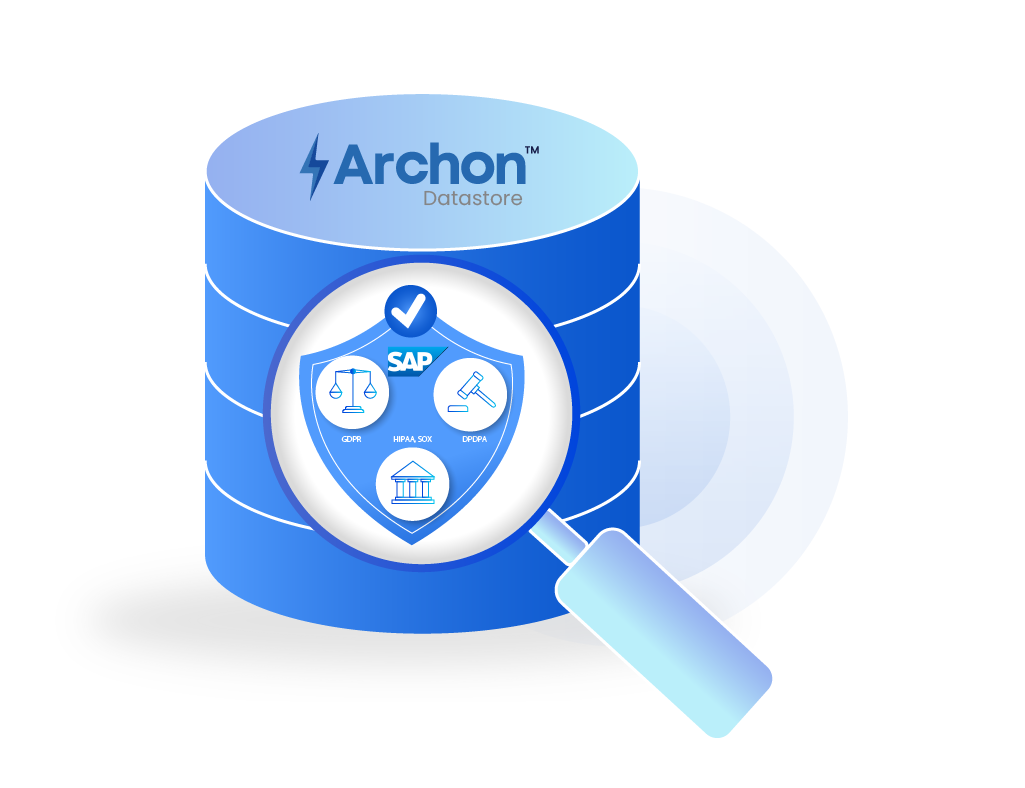 Blue data-storage cylinder featuring Archon Datastore logo, shield with SAP icons, and a magnifying glass symbolizing security and compliance.