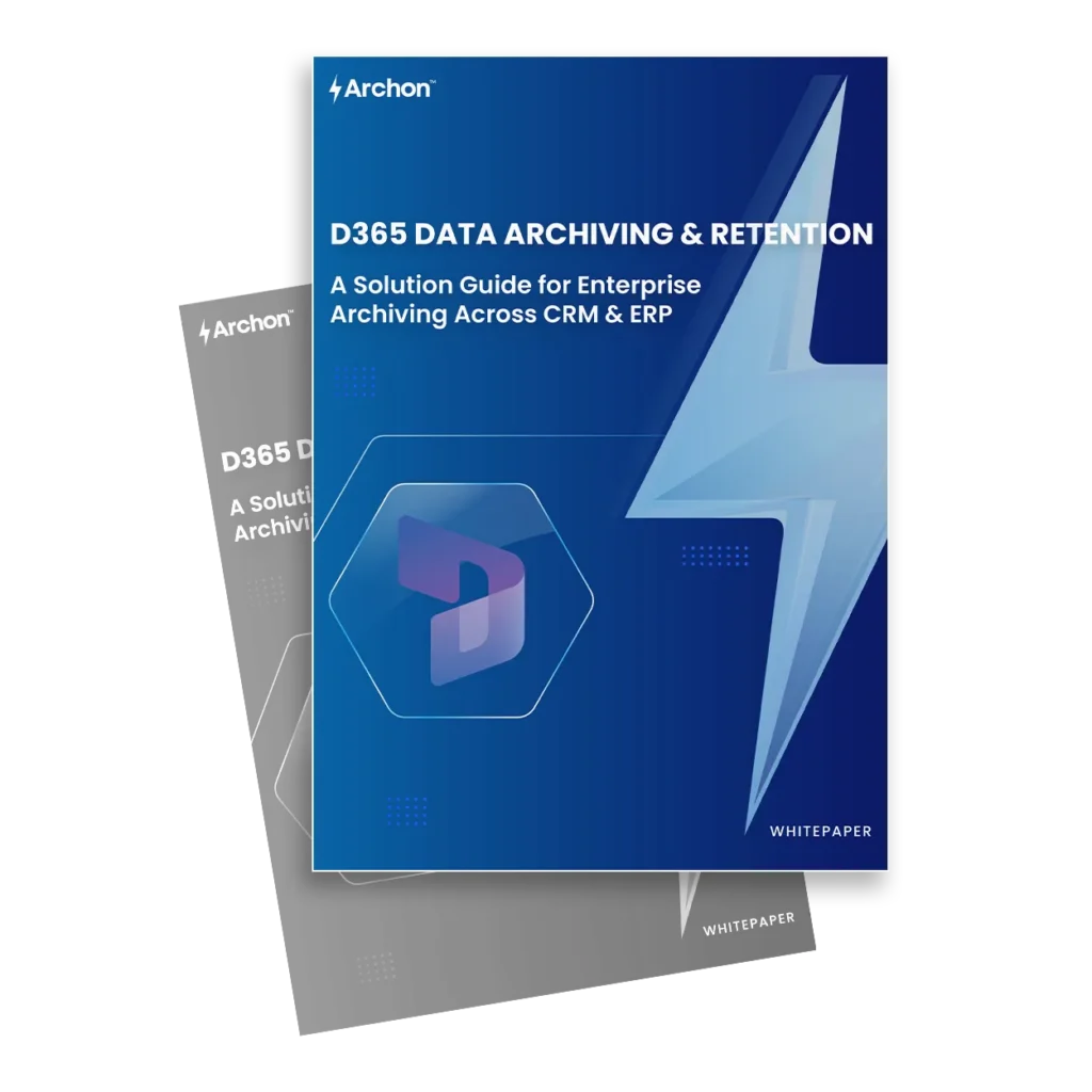 Blue Archon whitepaper cover: 'D365 Data Archiving & Retention' with subtitle 'A Solution Guide for Enterprise Archiving Across CRM & ERP' (whitepaper)
