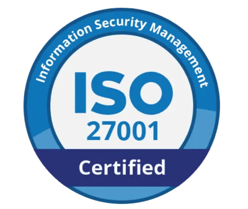 ISO 27001 Information Security Management badge with 'Certified' label for certification status.