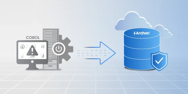 Illustration of a COBOL-based system on the left transferring data to a blue Archon cloud database with a security shield on the right.