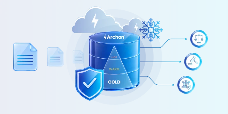 Archon data storage infographic with cold, warm, hot layers, cloud, and documents on the left, shield in foreground, and three legal icons on the right (scales, gavel, courthouse).
