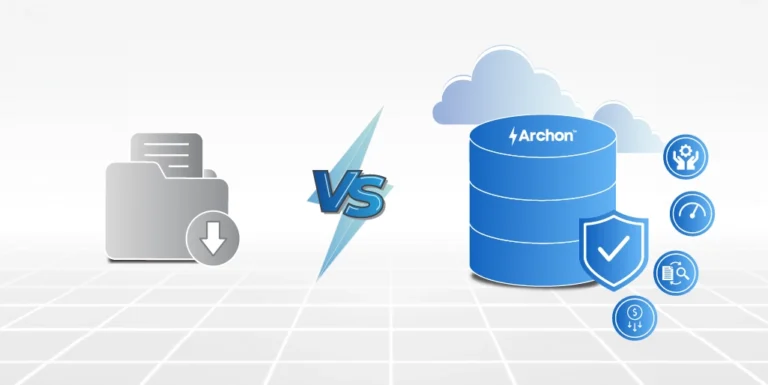 Data archiving vs backup compared across purpose, retention, retrieval, and governance in one diagram.