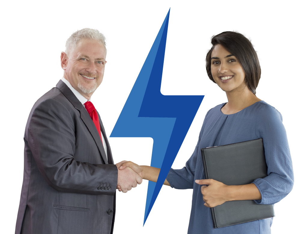 Two professionals shake hands in a business setting, a man in a gray suit and red tie with a white shirt meets a woman in a blue blouse holding a dark folder, against a blue geometric background.
