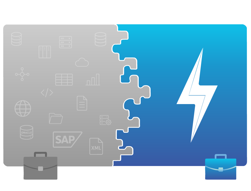 Two puzzle pieces, gray left with IT icons, and blue right with a white lightning bolt, joining to symbolize system integration.