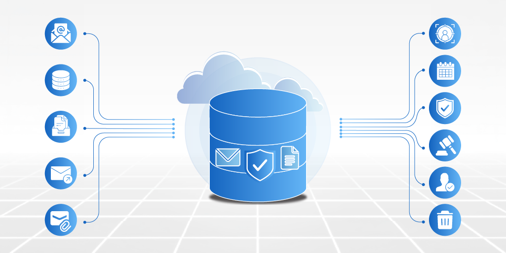 Illustration of Archon Data Store centralizing historical email records with policy-based retention, metadata preservation, legal holds, and audit-ready retrieval.